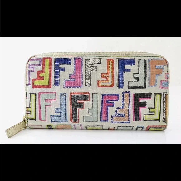SOLD❤️ FENDI Multicolor Zucca PVC Canvas Long Zippy Wallet White Logo RARE - Picture 3 of 13